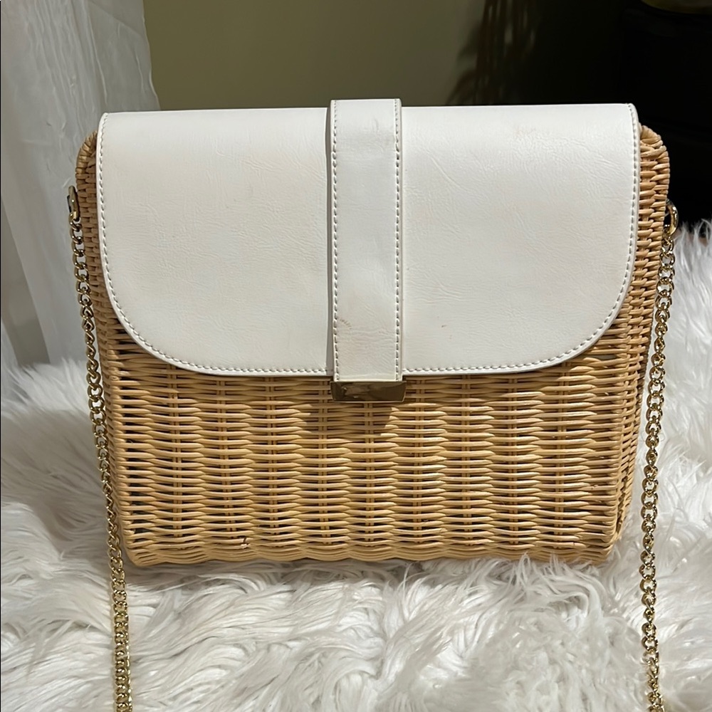 White and Tan Woven Crossbody Bag